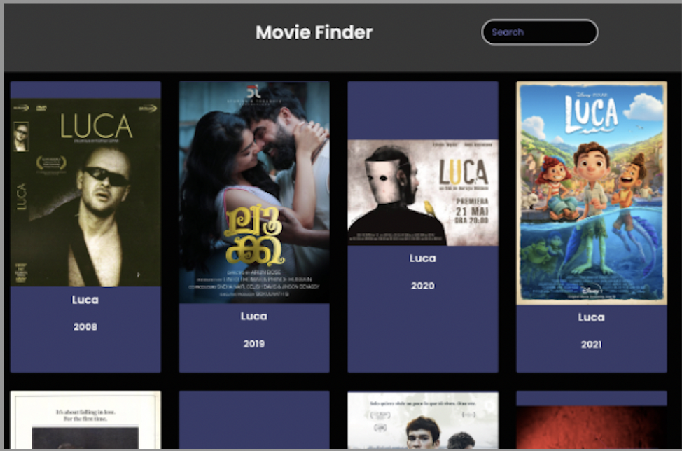 screenshot of a movie finder website displaying movie posters